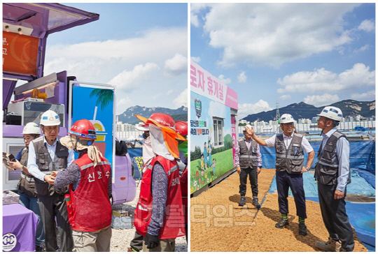 김윤해 한화 건설부문 CSO(최고안전책임자)가 지난 12일 서울아레나 공사 현장을 점검했다 <한화 건설부문 제공>